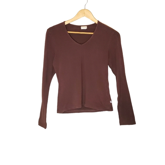 Basic Brown Long Sleeve V-Neck Top - Picture 1 of 9